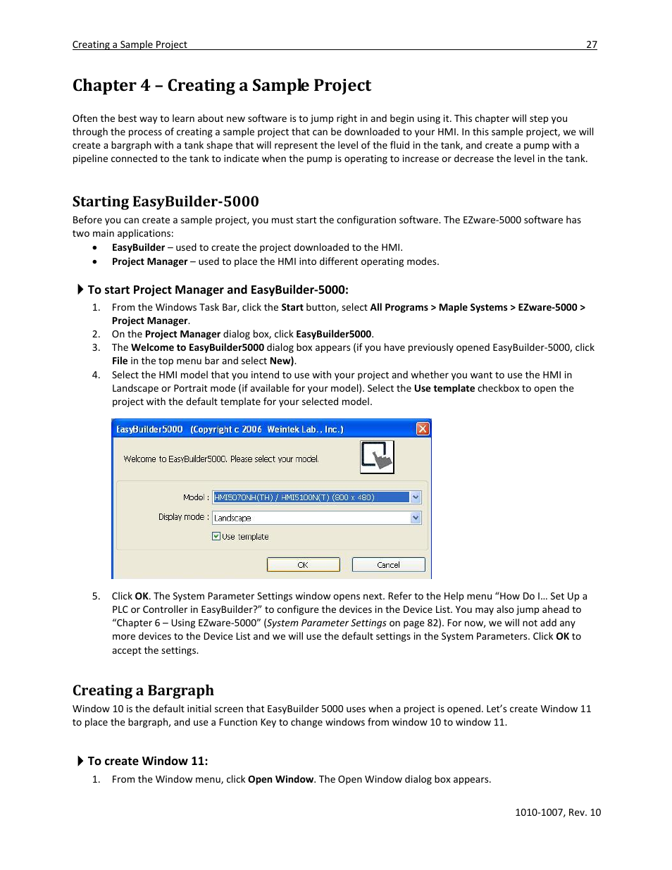 Chapter 4 – creating a sample project, Starting easybuilder-5000, Creating a bargraph | To start project manager and easybuilder-5000, To create window 11 | Watlow Silver Series User Manual | Page 35 / 204