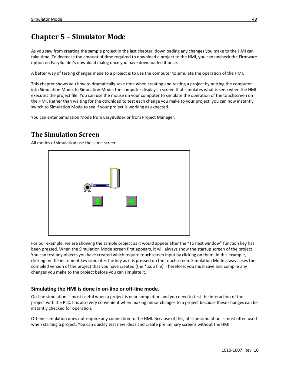 Chapter 5 – simulator mode, The simulation screen, Simulating the hmi is done in on-line or off-line | Mode | Watlow Silver Series User Manual | Page 57 / 204