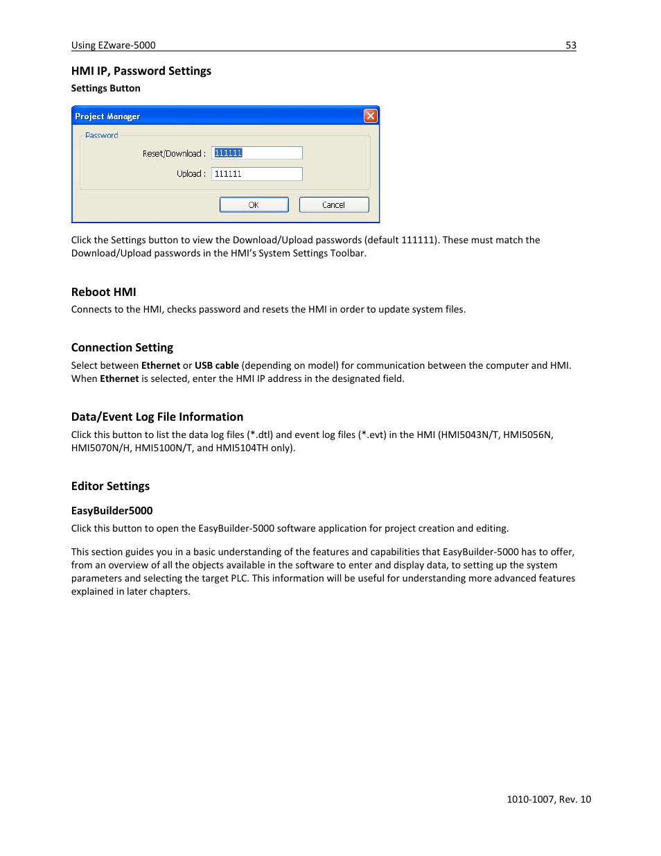 Hmi ip, password settings, Reboot hmi, Connection setting | Data/event log file information, Editor settings, Easybuilder5000 | Watlow Silver Series User Manual | Page 61 / 204