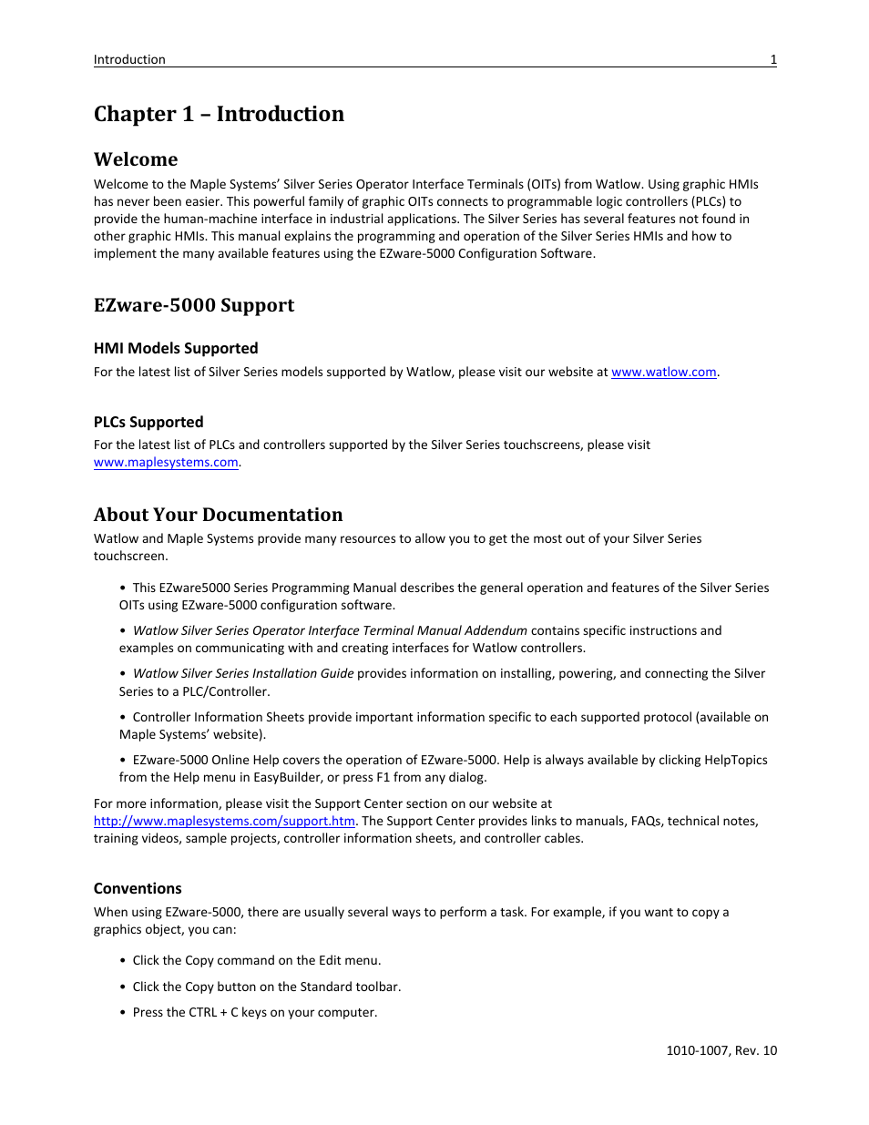 Chapter 1 – introduction, Welcome, Ezware-5000 support | About your documentation, Hmi models supported, Plcs supported, Conventions | Watlow Silver Series User Manual | Page 9 / 204