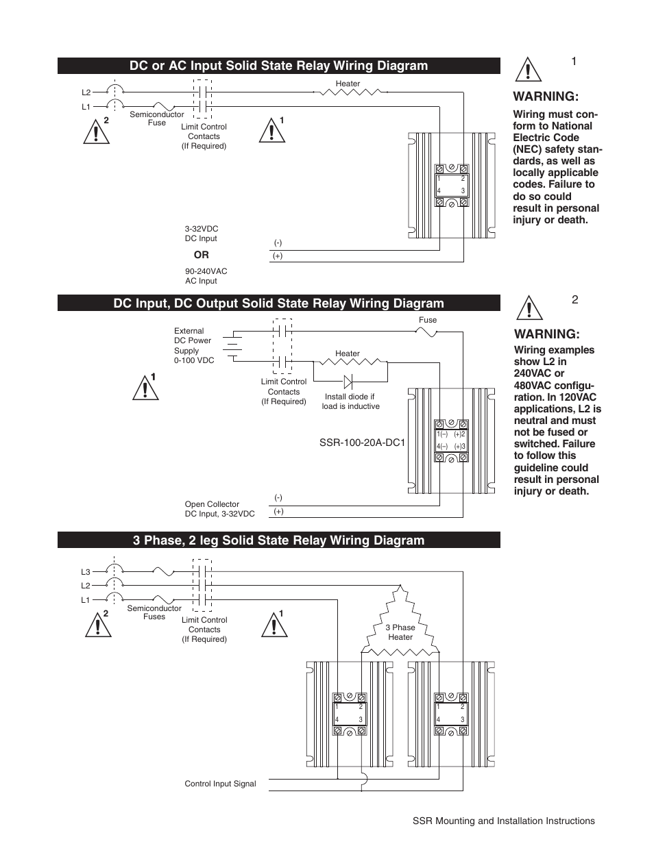 Dc or ac input solid state relay wiring diagram, 3 phase, 2 leg solid state relay wiring diagram, Warning | Watlow Solid State Relay (SSR) User Manual | Page 2 / 2
