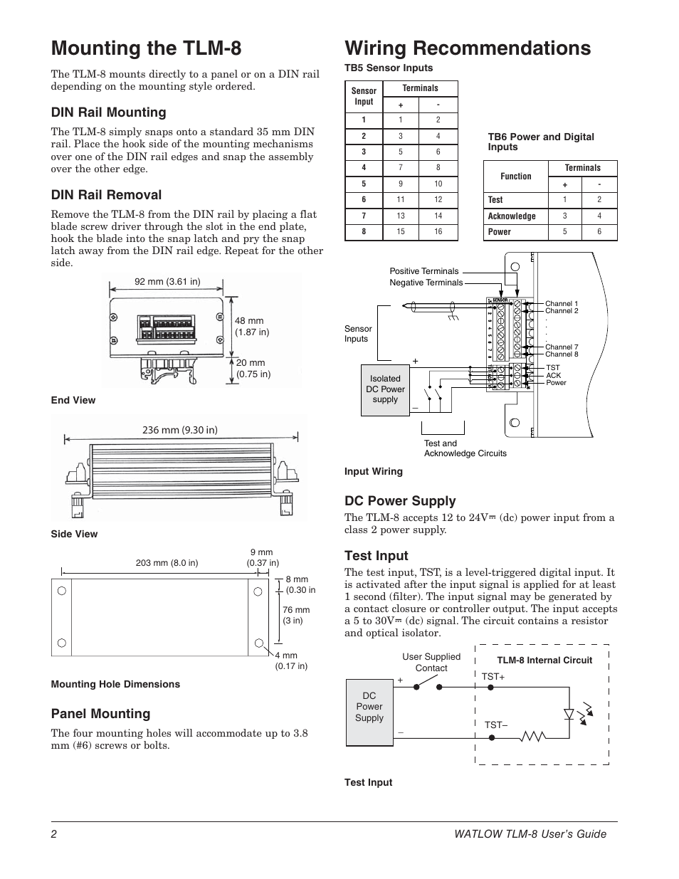 Mounting the tlm-8, Wiring recommendations, Din rail mounting | Din rail removal, Panel mounting, Dc power supply, Test input | Watlow TLM-8 User Manual | Page 2 / 8