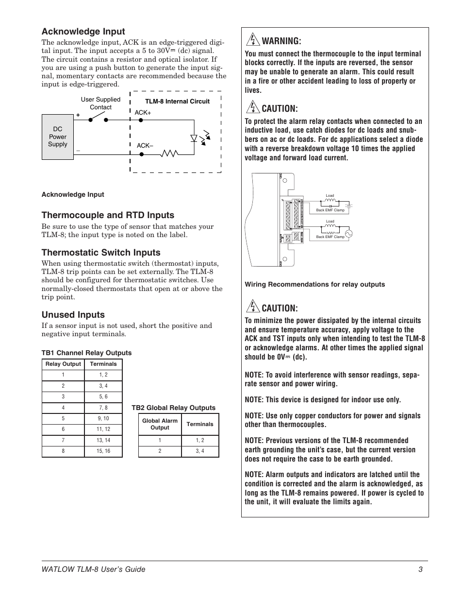 Acknowledge input, Thermocouple and rtd inputs, Thermostatic switch inputs | Unused inputs, Warning, Caution | Watlow TLM-8 User Manual | Page 3 / 8