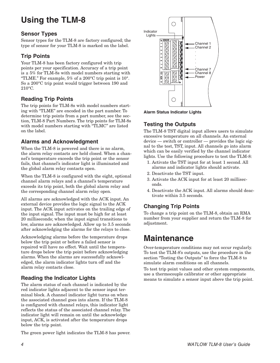 Using the tlm-8, Maintenance, Sensor types | Trip points, Reading trip points, Alarms and acknowledgment, Reading the indicator lights, Testing the outputs, Changing trip points | Watlow TLM-8 User Manual | Page 4 / 8