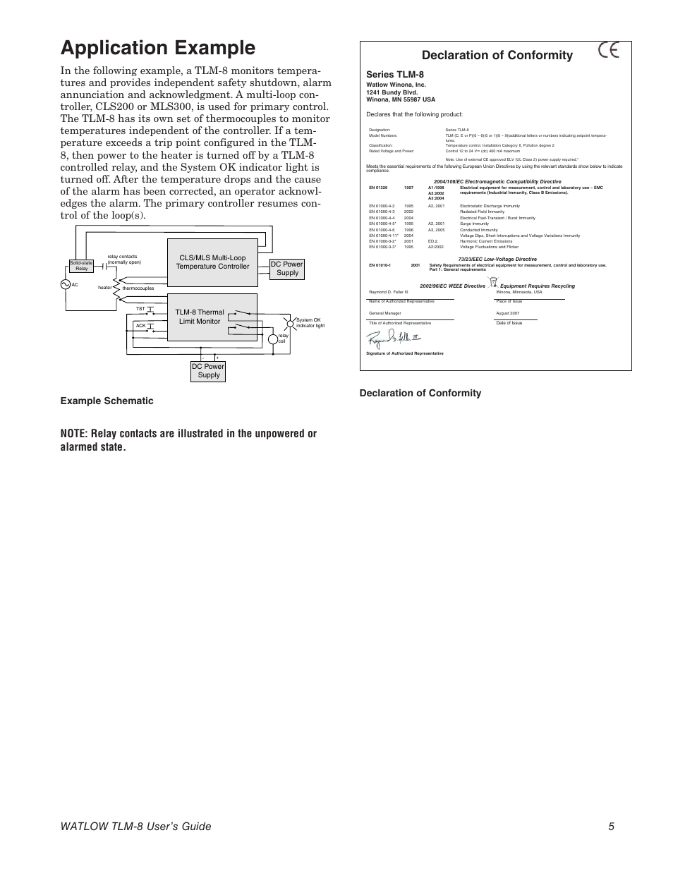 Application example, Declaration of conformity, Watlow tlm-8 user’s guide 5 | Example schematic, Series tlm-8 | Watlow TLM-8 User Manual | Page 5 / 8