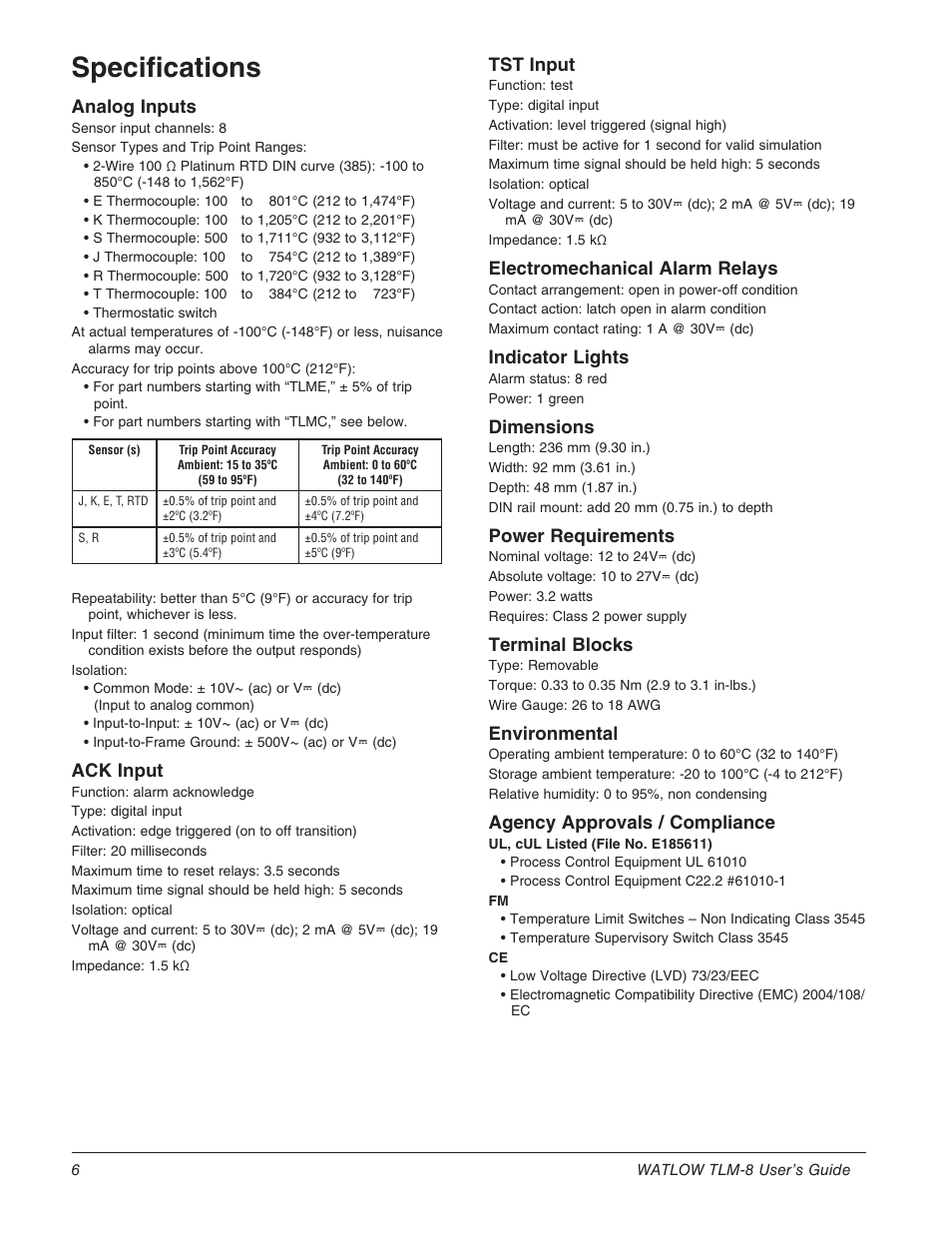 Specifications, Analog inputs, Ack input | Tst input, Electromechanical alarm relays, Indicator lights, Dimensions, Power requirements, Terminal blocks, Environmental | Watlow TLM-8 User Manual | Page 6 / 8