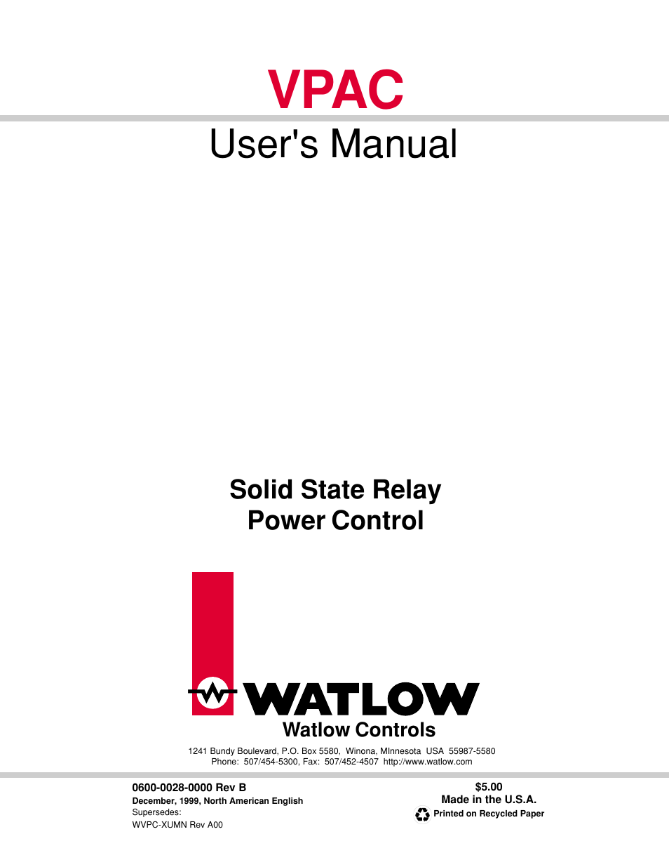 Watlow VPAC Solid State Relay Power Control User Manual | 8 pages