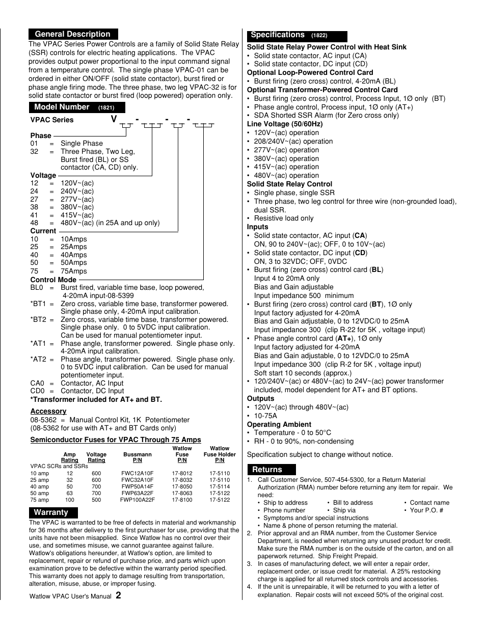 General description, Model number, Specifications | Warranty, Returns, Starting out | Watlow VPAC Solid State Relay Power Control User Manual | Page 2 / 8