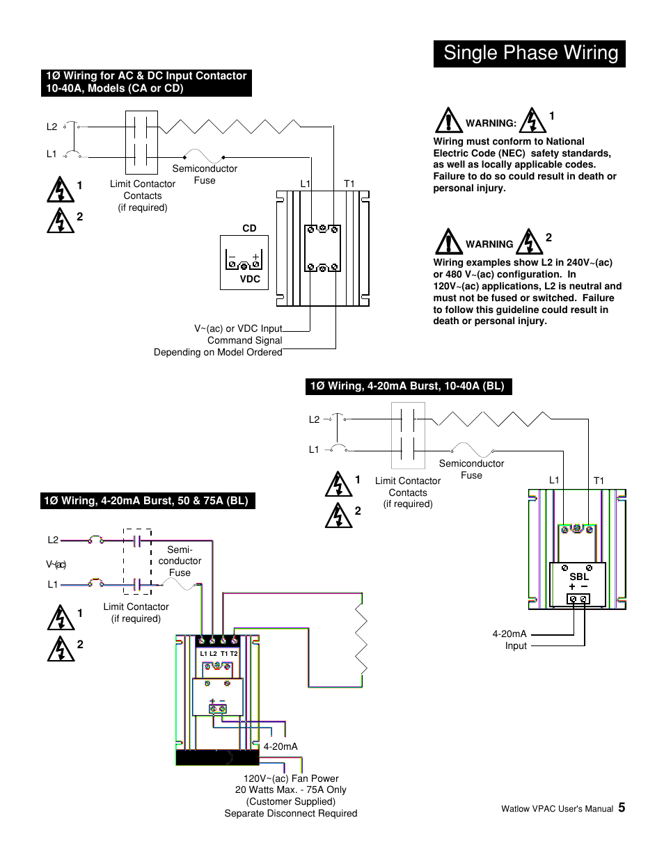 Single phase wiring, 1ø wiring,4-20ma burst,50 &75a (bl), 1ø wiring,4-20ma burst,10-40a (bl) | Watlow VPAC Solid State Relay Power Control User Manual | Page 5 / 8