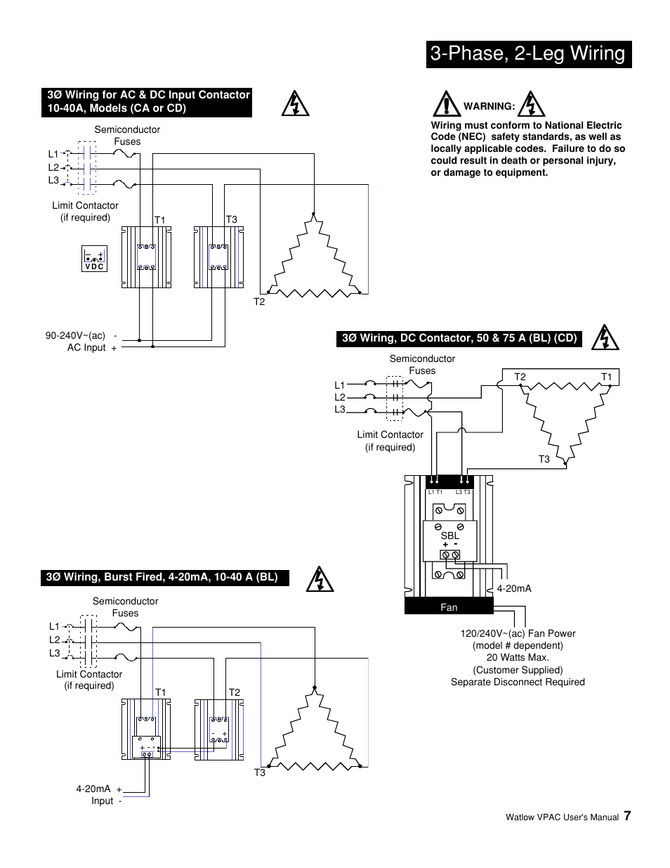 Phase, 2-leg wiring, 3 ø wiring, dc contactor, 50 & 75a (bl) (cd), 3 ø wiring,burst fired,4-20ma,10-40 a (bl) | Starting out | Watlow VPAC Solid State Relay Power Control User Manual | Page 7 / 8