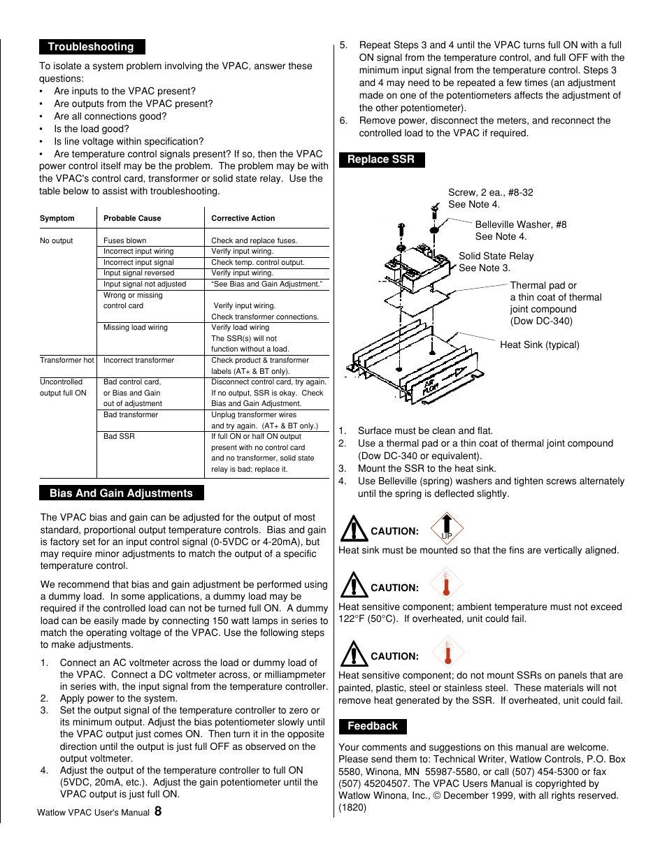 Troubleshooting, Bias and gain adjustments, Replace ssr | Feedback, Starting out | Watlow VPAC Solid State Relay Power Control User Manual | Page 8 / 8