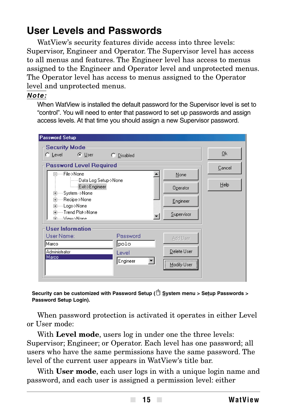 User levels and passwords | Watlow WATVIEW User Manual | Page 15 / 36