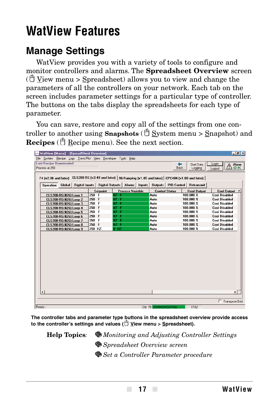 Watview features, Manage settings | Watlow WATVIEW User Manual | Page 17 / 36