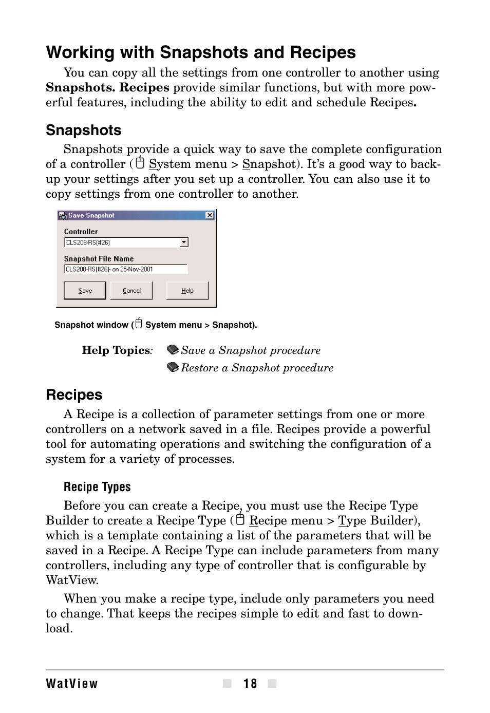 Working with snapshots and recipes, Snapshots, Recipes | Watlow WATVIEW User Manual | Page 18 / 36