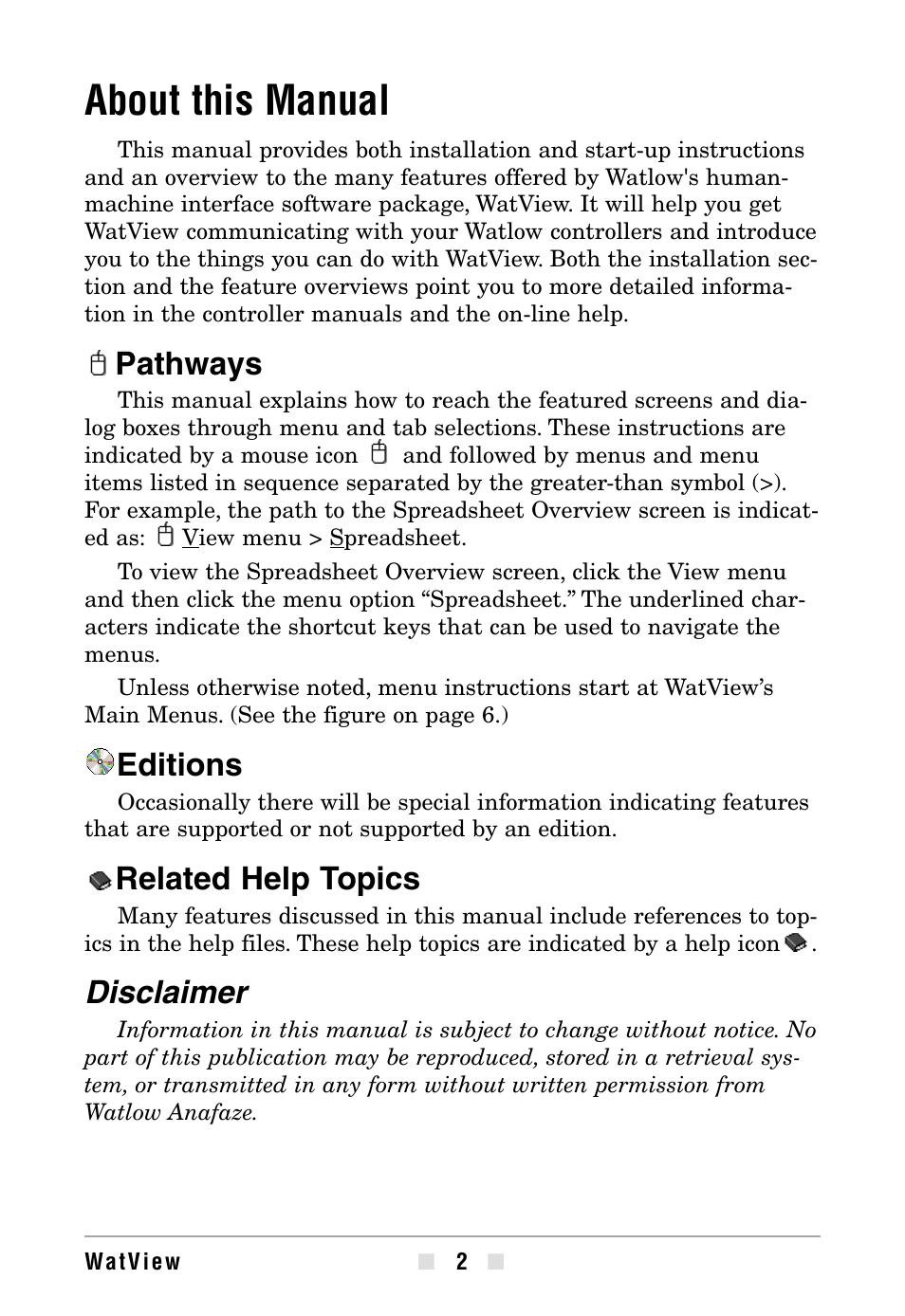 About this manual, Pathways, Editions | Related help topics, Disclaimer | Watlow WATVIEW User Manual | Page 2 / 36