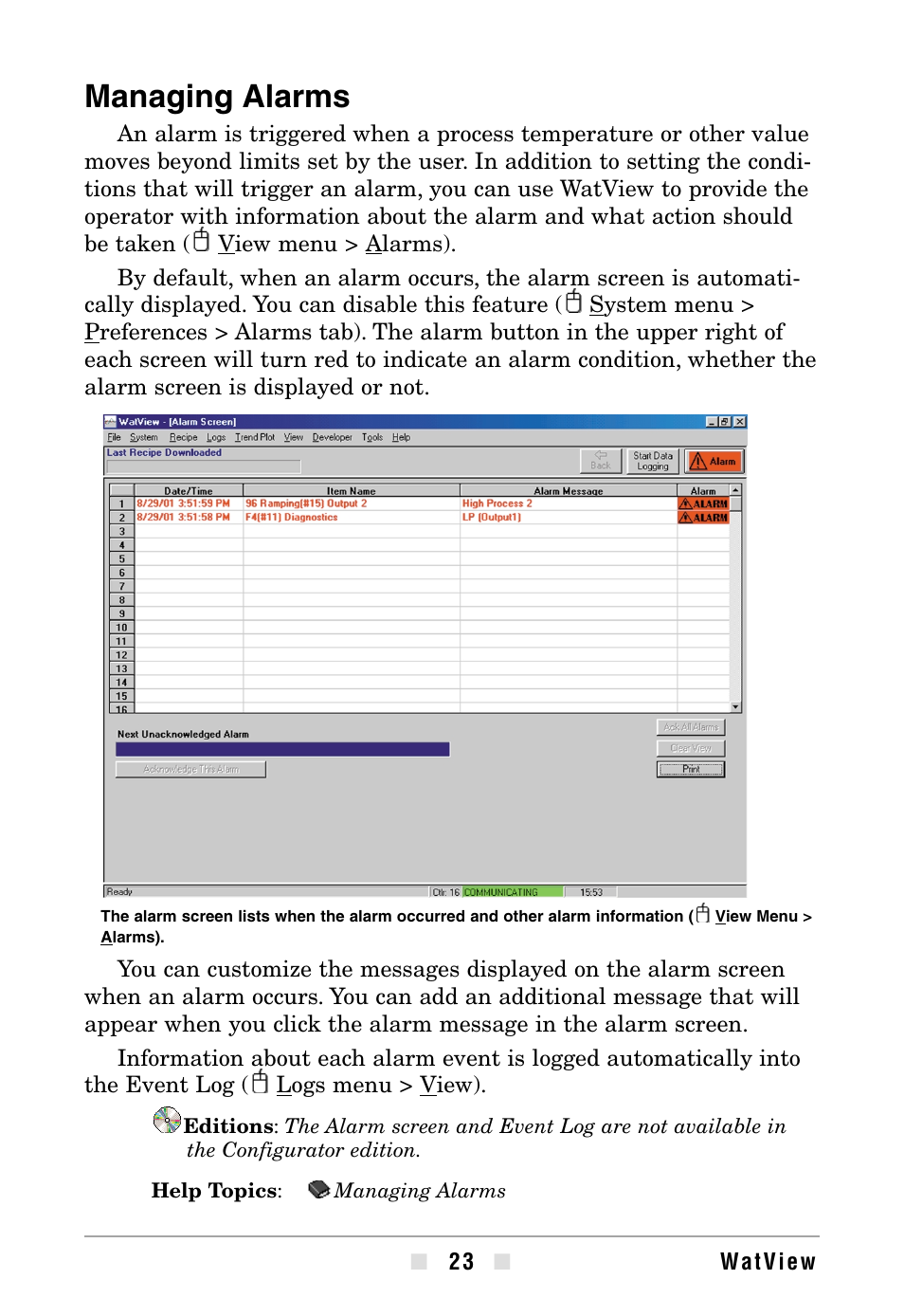 Managing alarms | Watlow WATVIEW User Manual | Page 23 / 36