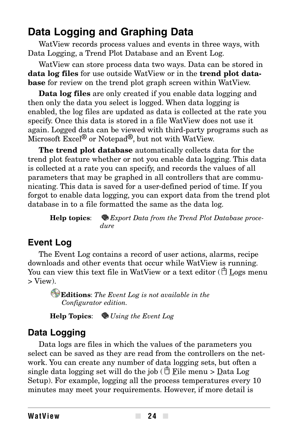 Logging and graphing data, Data logging and graphing data, Event log | Data logging | Watlow WATVIEW User Manual | Page 24 / 36