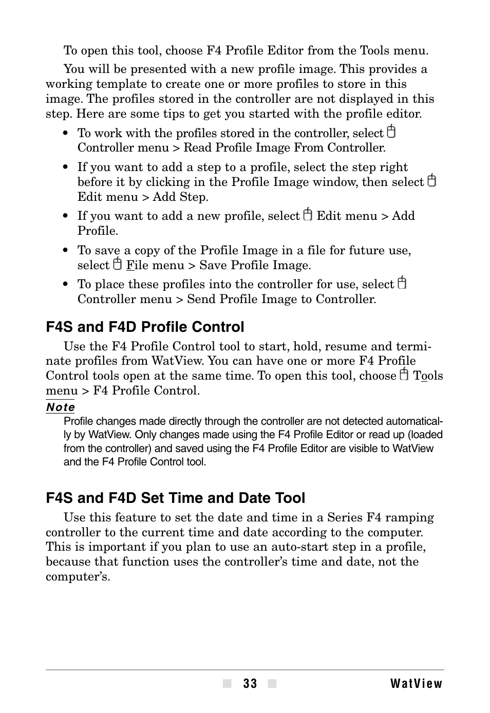 F4s and f4d profile control, F4s and f4d set time and date tool | Watlow WATVIEW User Manual | Page 33 / 36