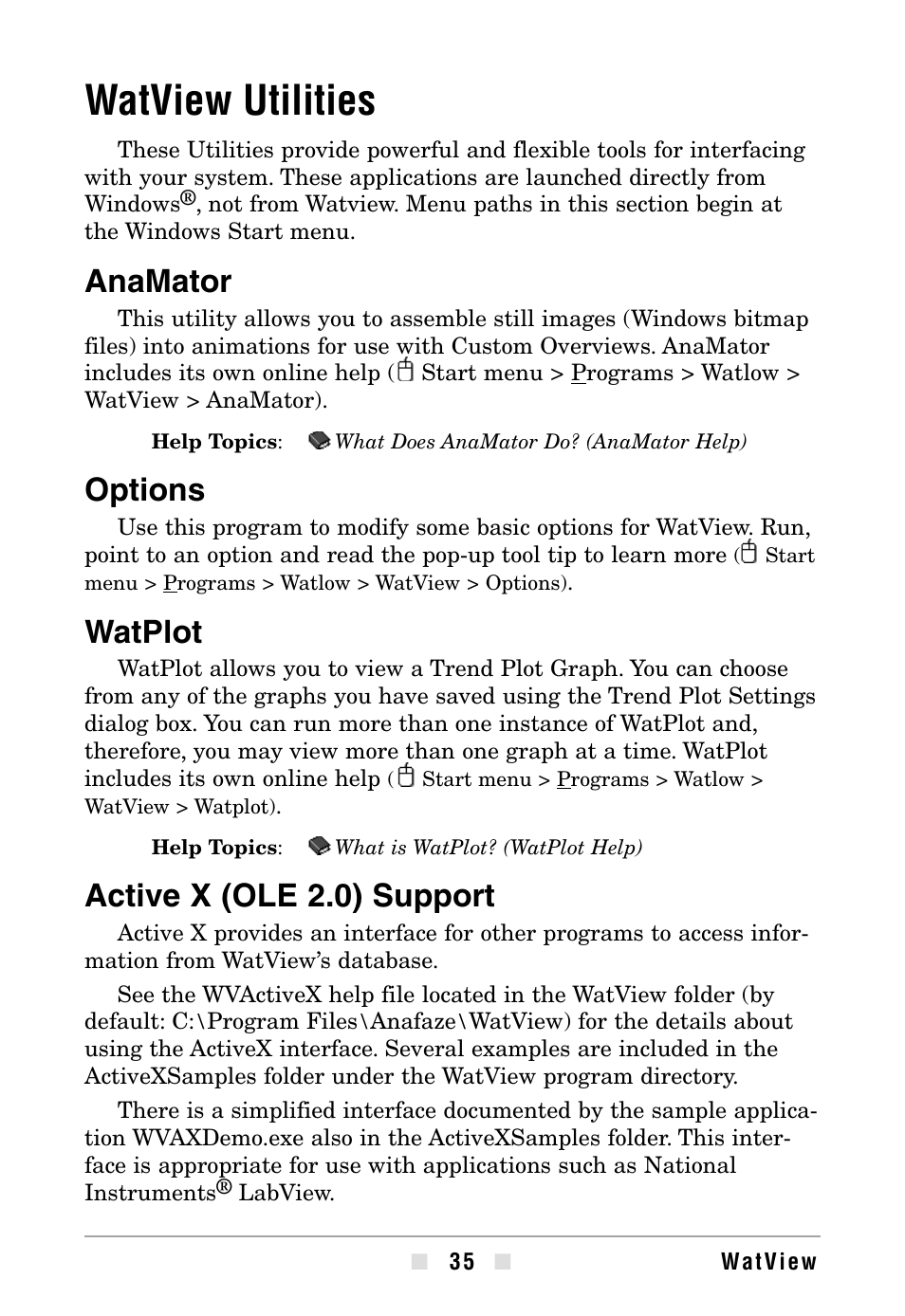 Watview utilities, Anamator, Options | Watplot, Active x (ole 2.0) support | Watlow WATVIEW User Manual | Page 35 / 36