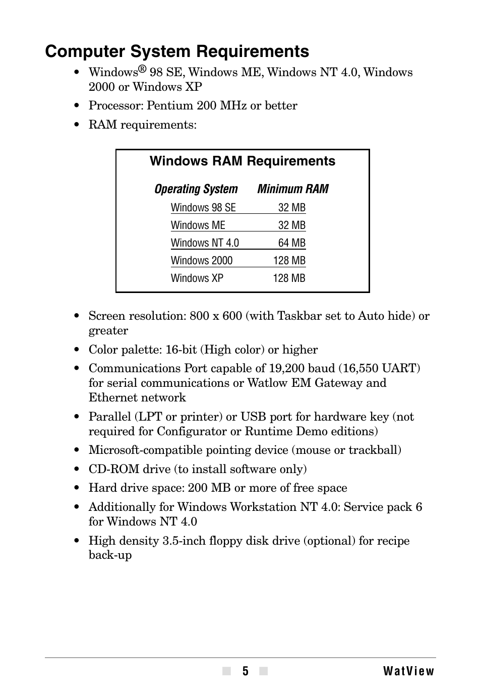 Computer system requirements | Watlow WATVIEW User Manual | Page 5 / 36