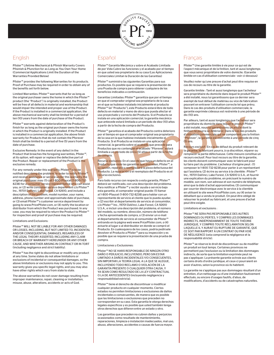 Sample copy | Pfister F-534-PSLC User Manual | Page 4 / 4