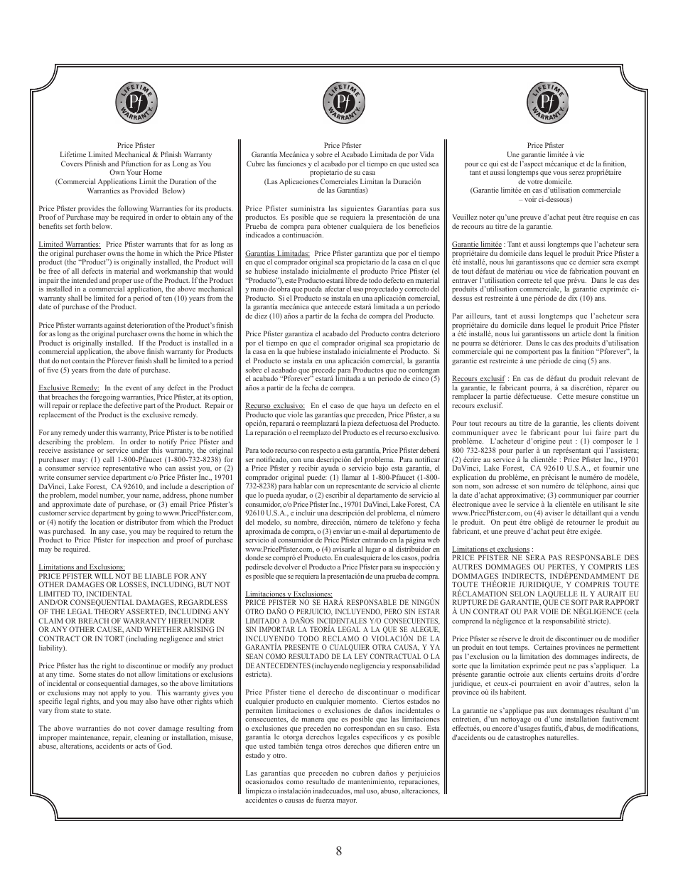 Pfister F-529-ADRS User Manual | Page 8 / 8