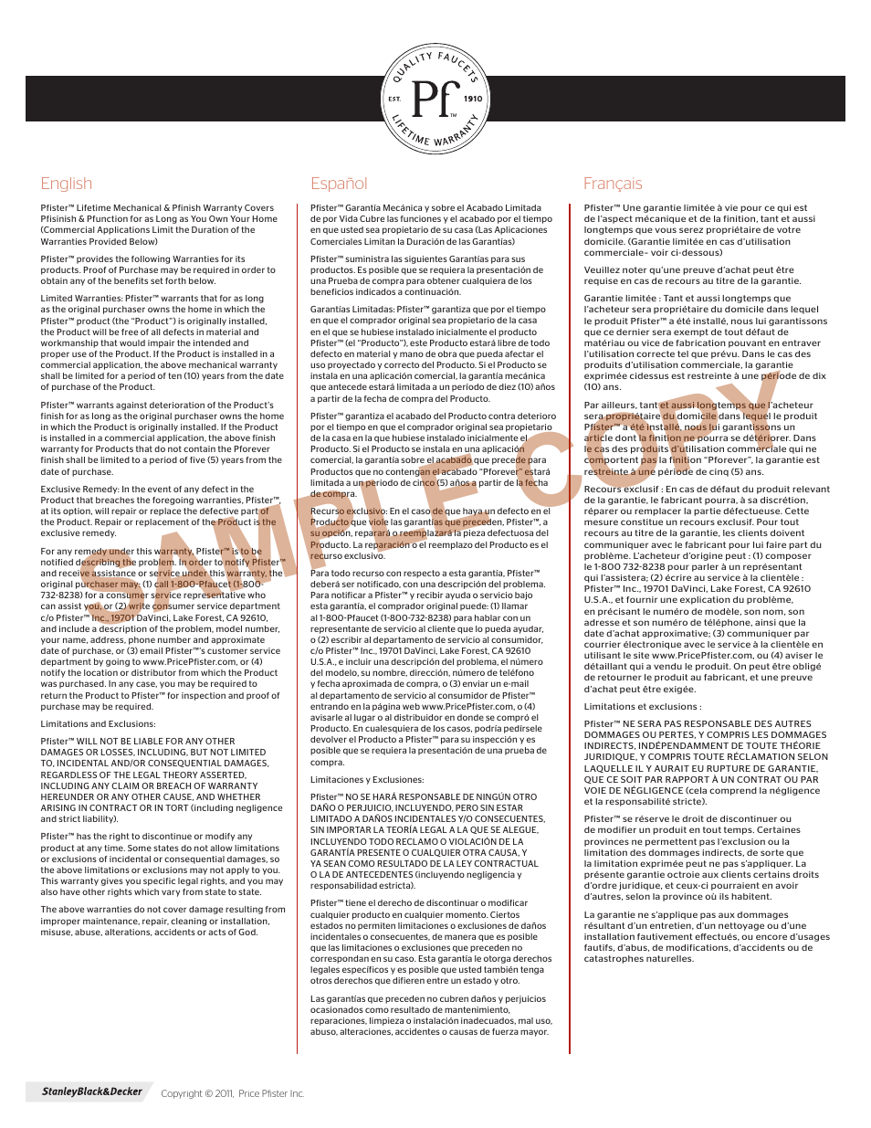 Sample copy | Pfister F-036-4SNC User Manual | Page 4 / 4