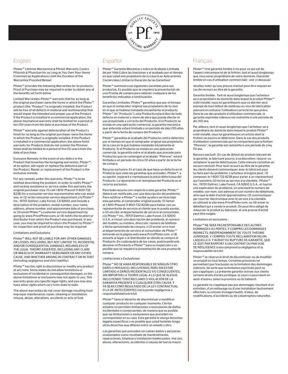 English español français | Pfister F-529-7WHS User Manual | Page 4 / 4