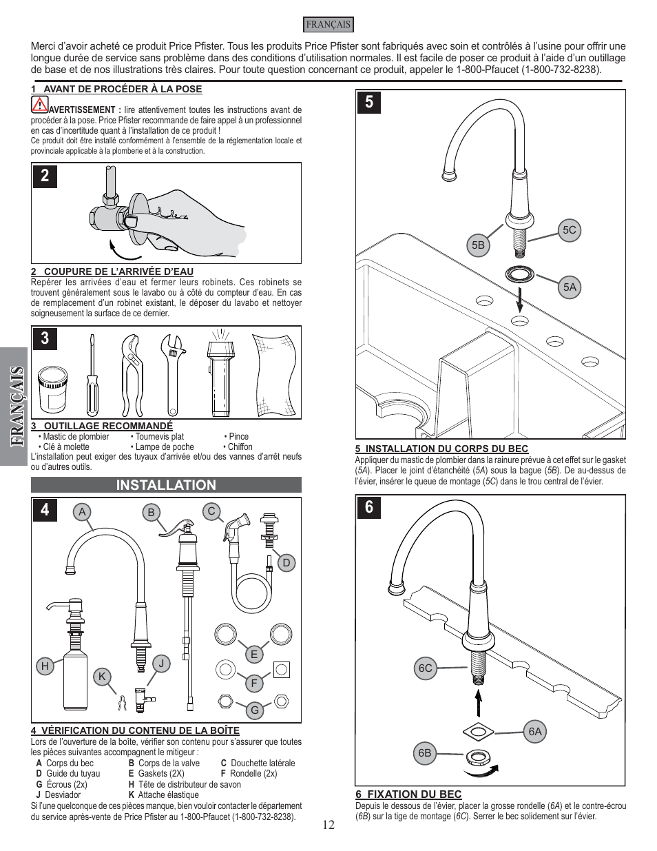 Fran ç ais, Installation | Pfister GT26-4YPK User Manual | Page 12 / 18