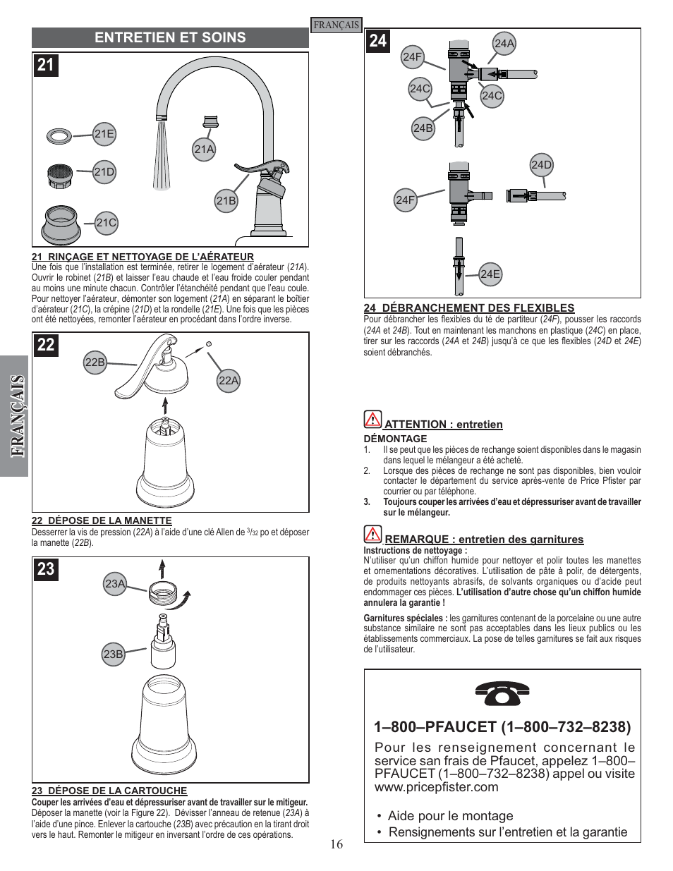 Fran ç ais, Entretien et soins | Pfister GT26-4YPK User Manual | Page 16 / 18