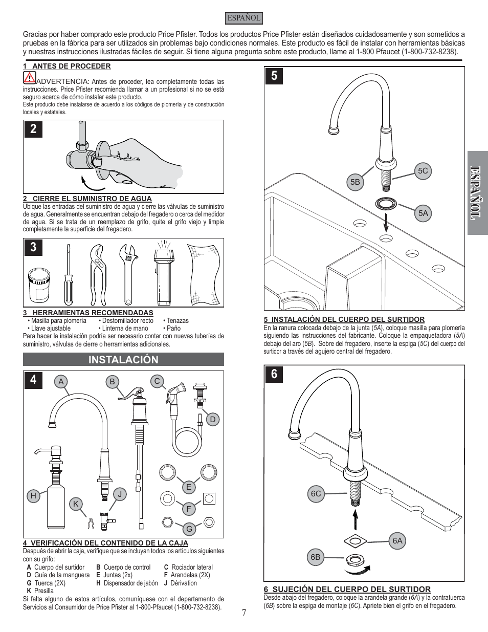 Esp a ñ ol, Instalación | Pfister GT26-4YPK User Manual | Page 7 / 18