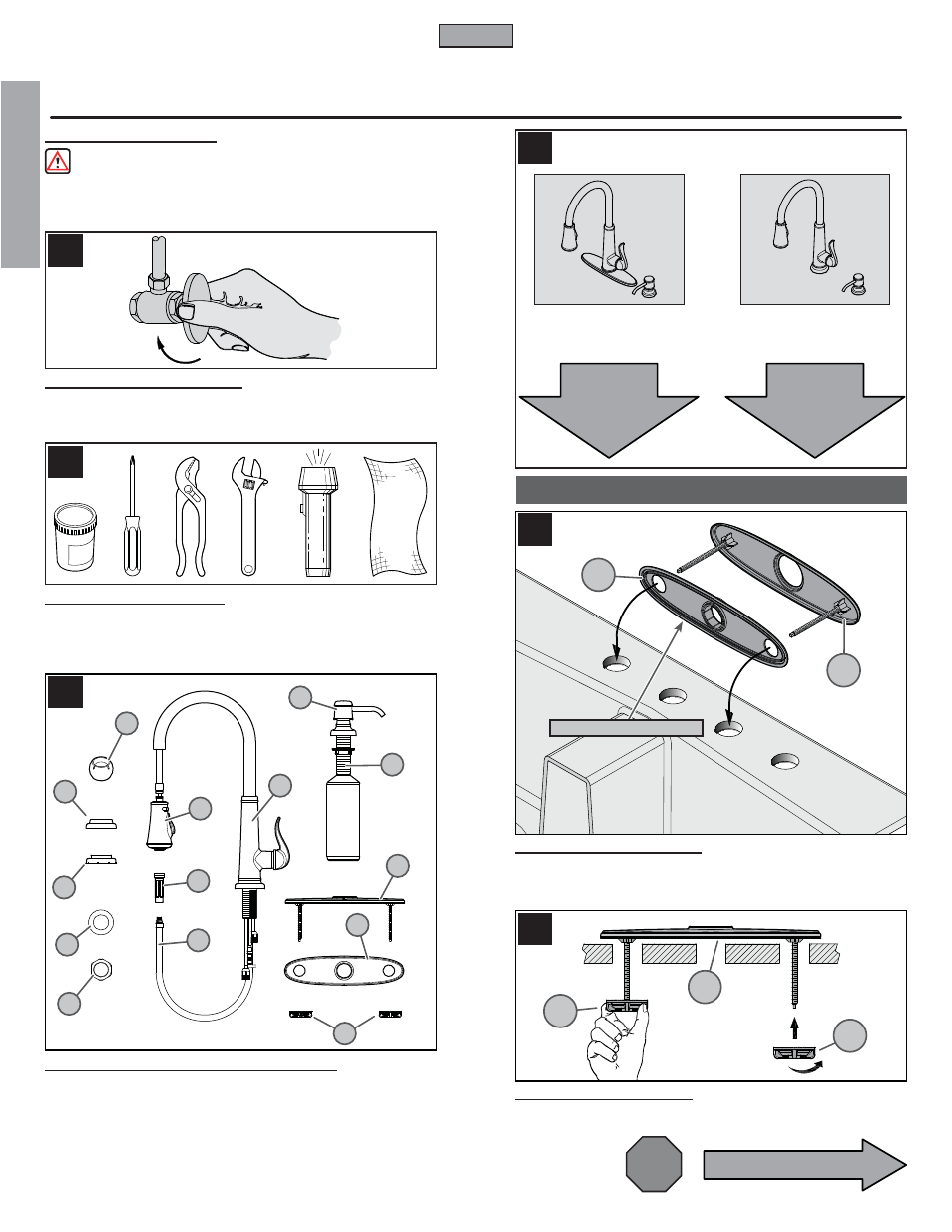 En g l is h english, Stop, Go to | Go to step 8 step 8, Go to step 6 step 6, 4 hole installation | Pfister GT529-YPK User Manual | Page 2 / 18