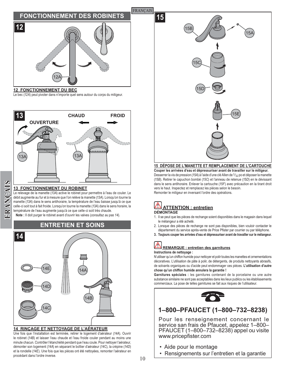 Fran ç ais, Entretien et soins fonctionnement des robinets | Pfister GT72-YP2K User Manual | Page 10 / 12