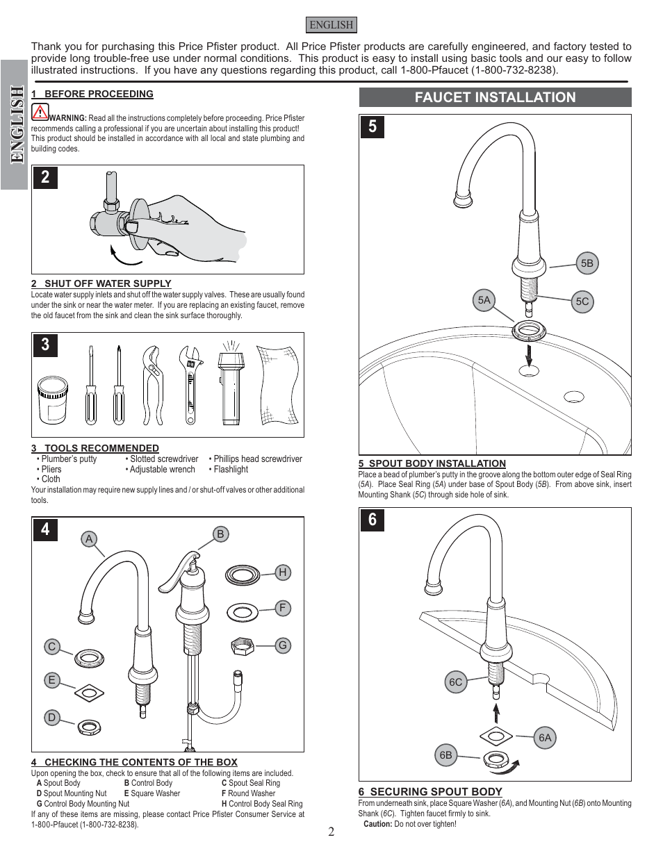 English, Faucet installation | Pfister GT72-YP2K User Manual | Page 2 / 12