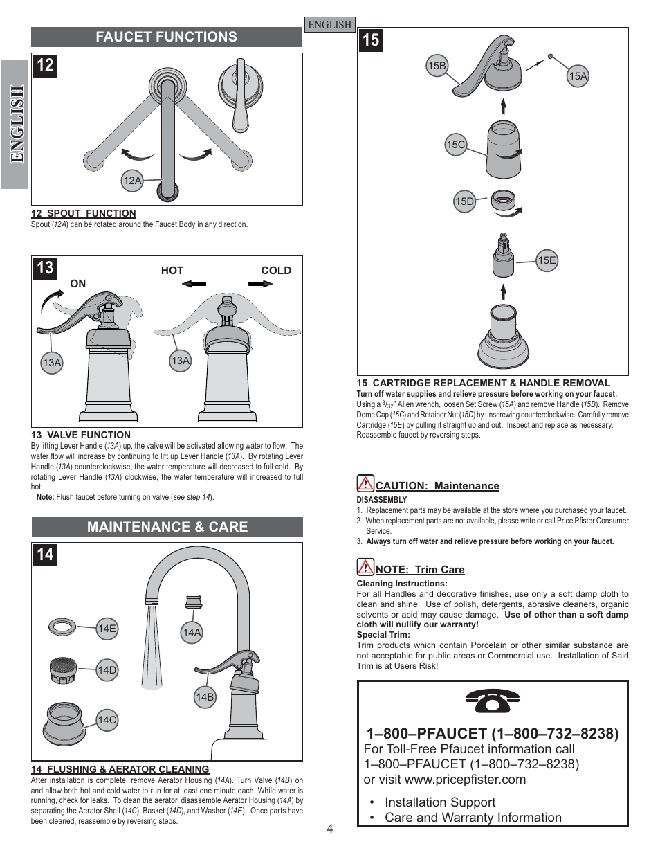 English, Maintenance & care, Faucet functions | Pfister GT72-YP2K User Manual | Page 4 / 12