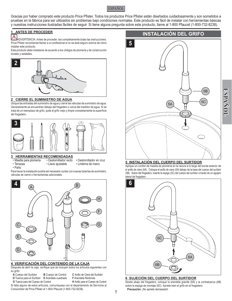 Esp a ñ ol, Instalación del grifo | Pfister GT72-YP2K User Manual | Page 5 / 12