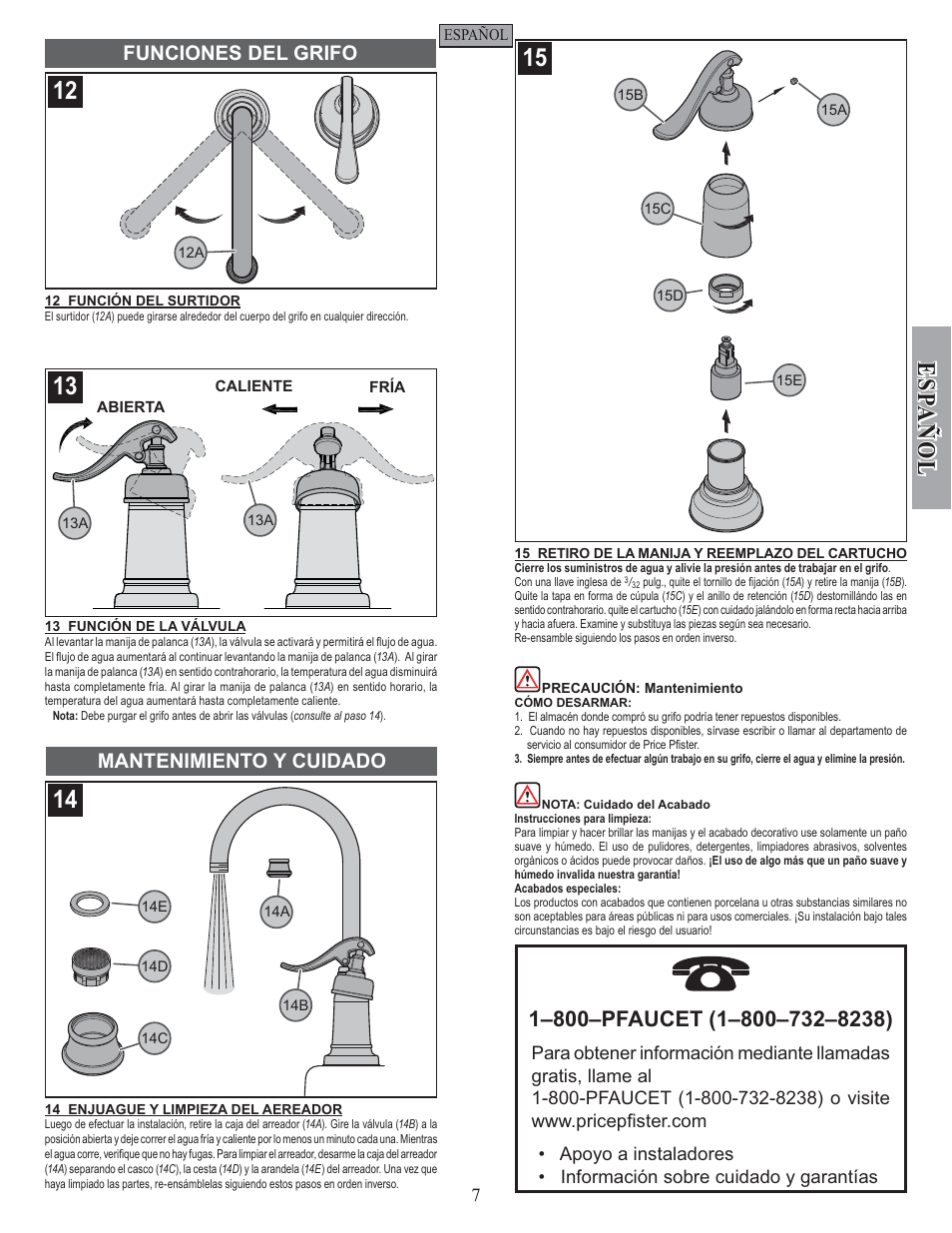 Esp a ñ ol, Funciones del grifo, Mantenimiento y cuidado | Pfister GT72-YP2K User Manual | Page 7 / 12