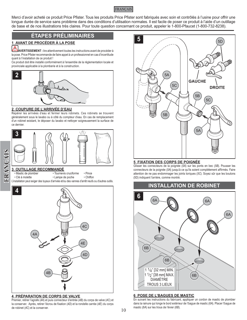 Fran ç ais, Étapes préliminaires installation de robinet | Pfister GT531-YPK User Manual | Page 10 / 14