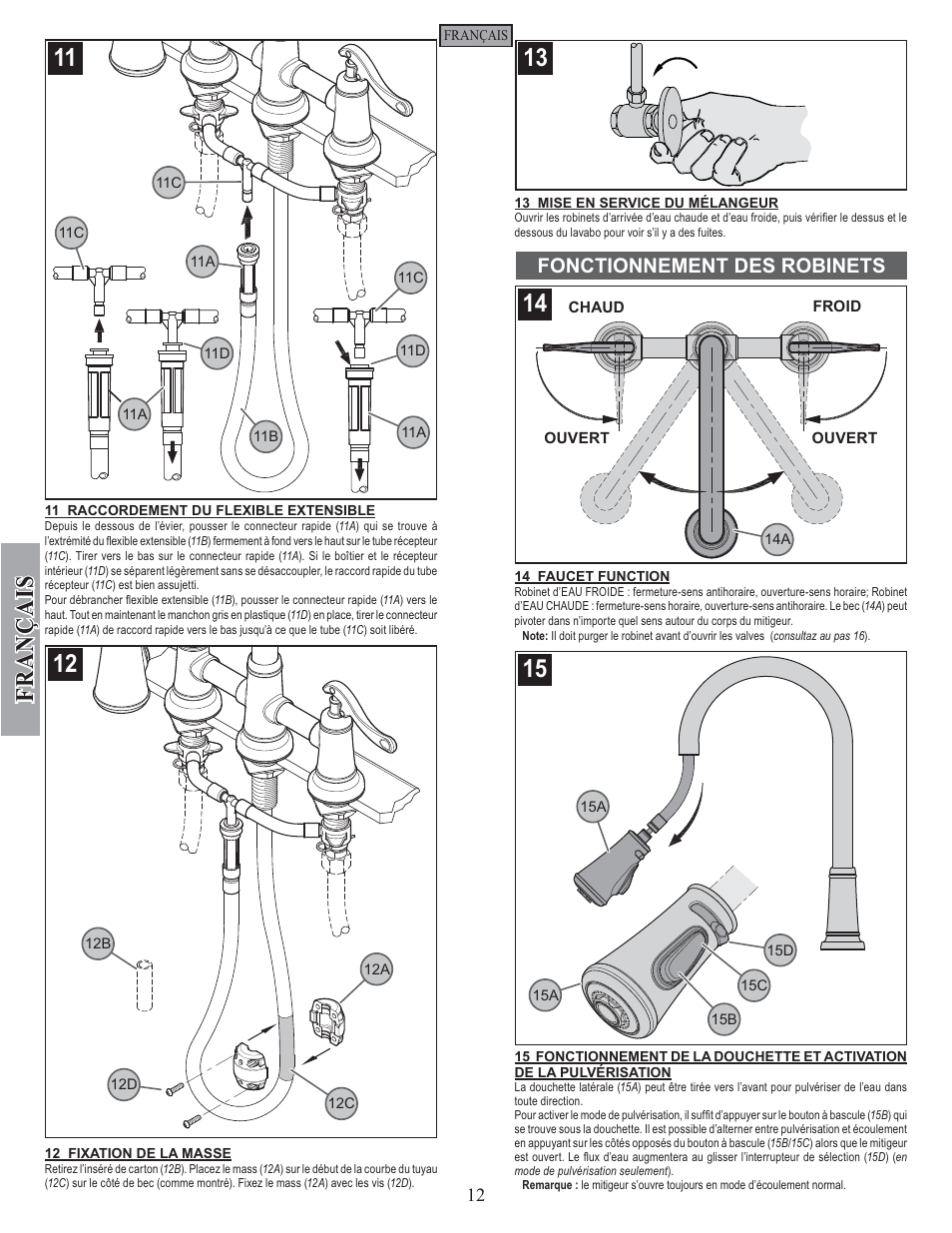 Fran ç ais, Fonctionnement des robinets | Pfister GT531-YPK User Manual | Page 12 / 14