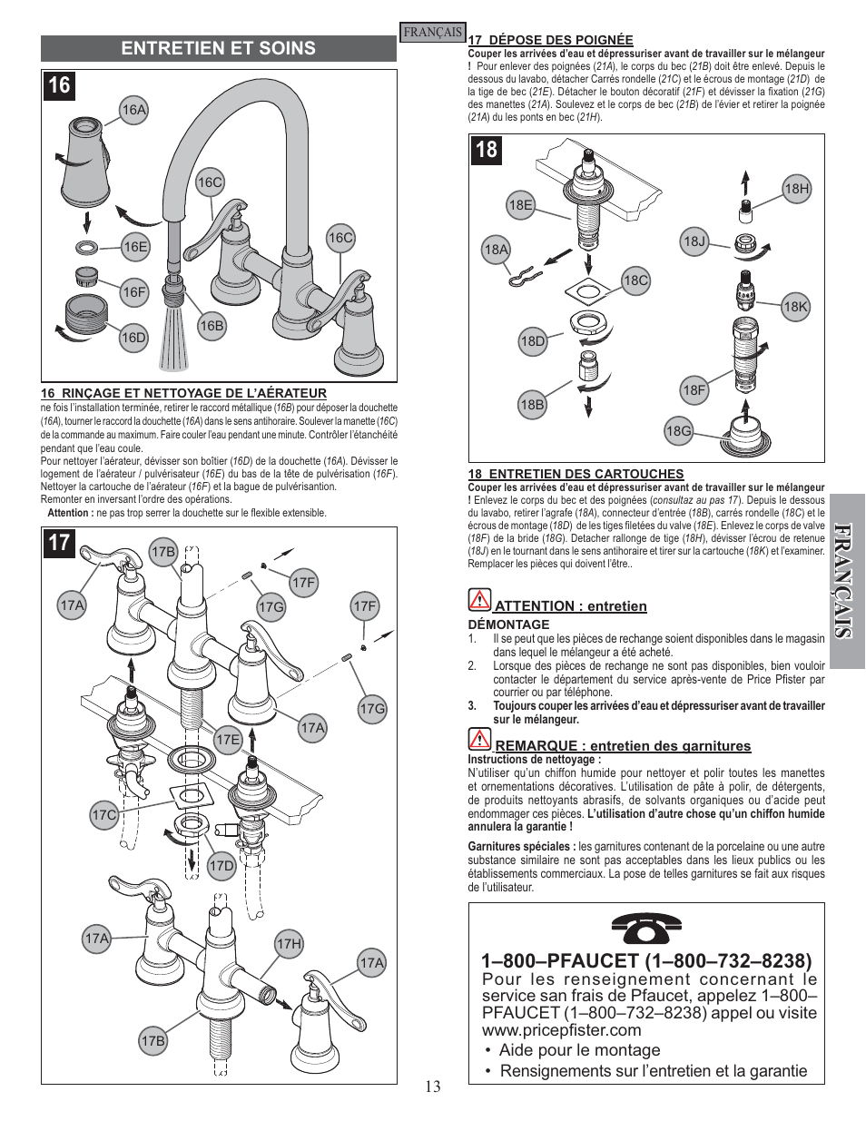 Fran ç ais, Entretien et soins | Pfister GT531-YPK User Manual | Page 13 / 14