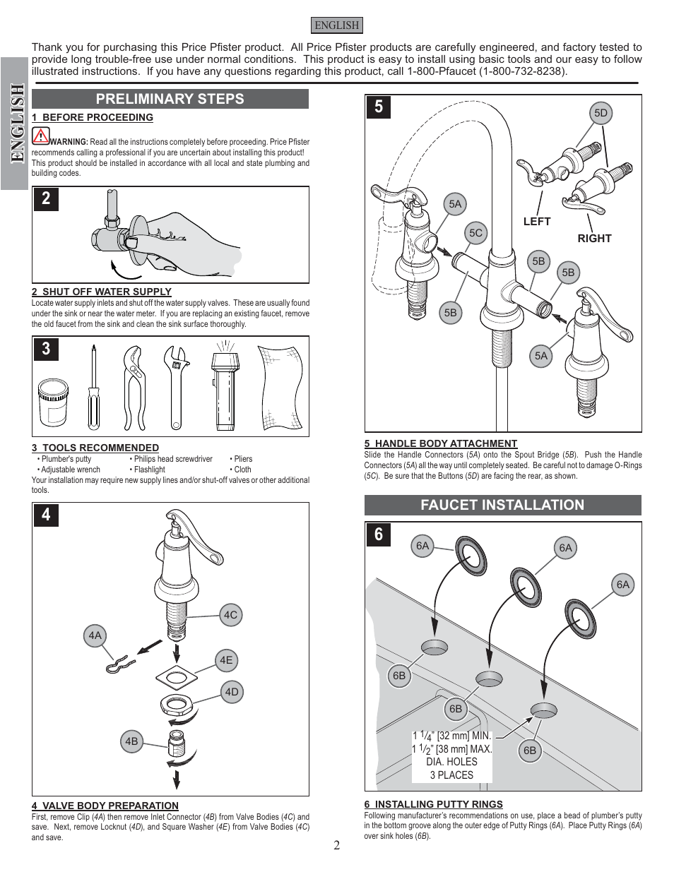 English, Faucet installation, Preliminary steps | Pfister GT531-YPK User Manual | Page 2 / 14
