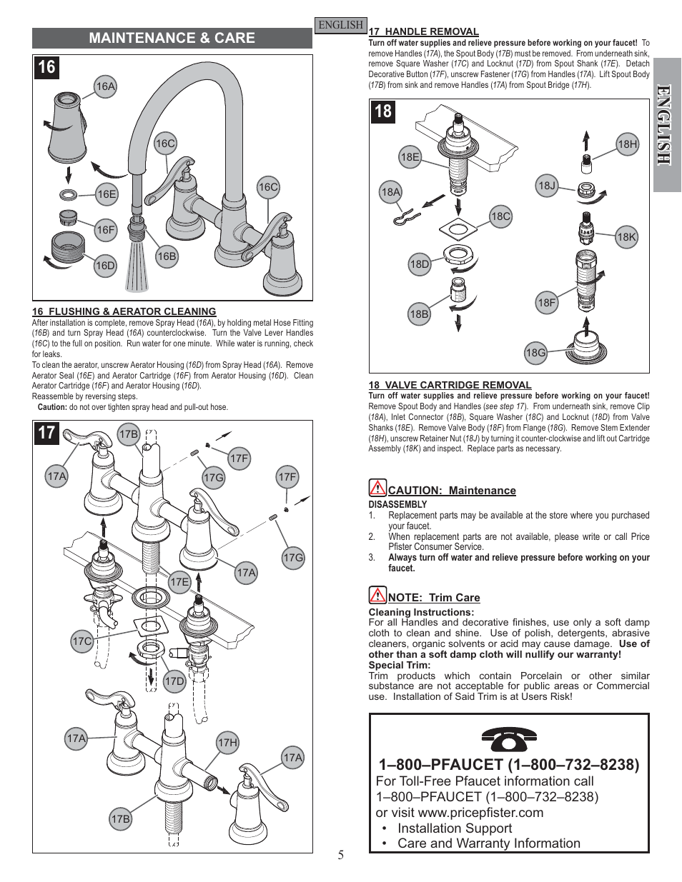 English, Maintenance & care | Pfister GT531-YPK User Manual | Page 5 / 14