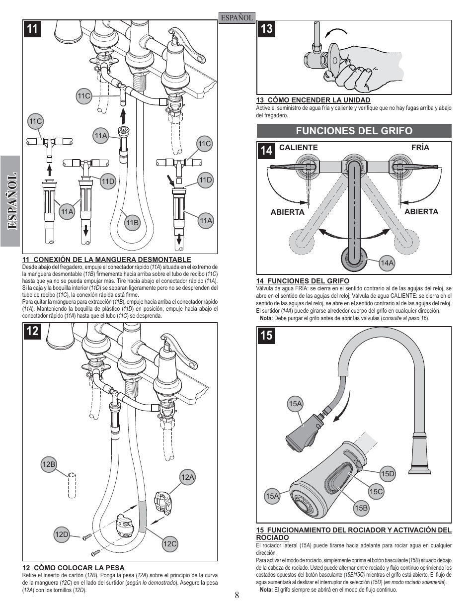 Esp a ñ ol, Funciones del grifo | Pfister GT531-YPK User Manual | Page 8 / 14