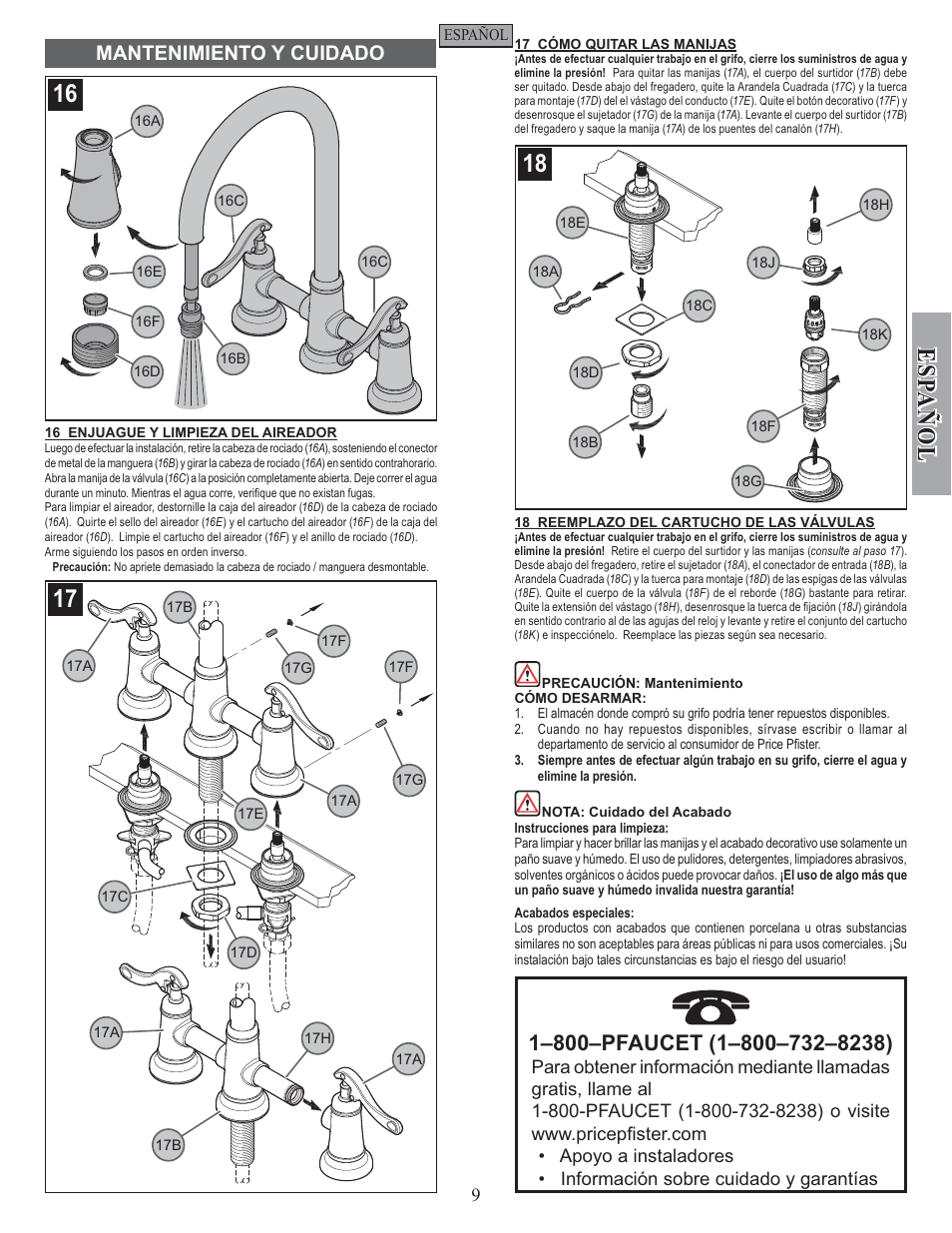Esp a ñ ol, Mantenimiento y cuidado | Pfister GT531-YPK User Manual | Page 9 / 14