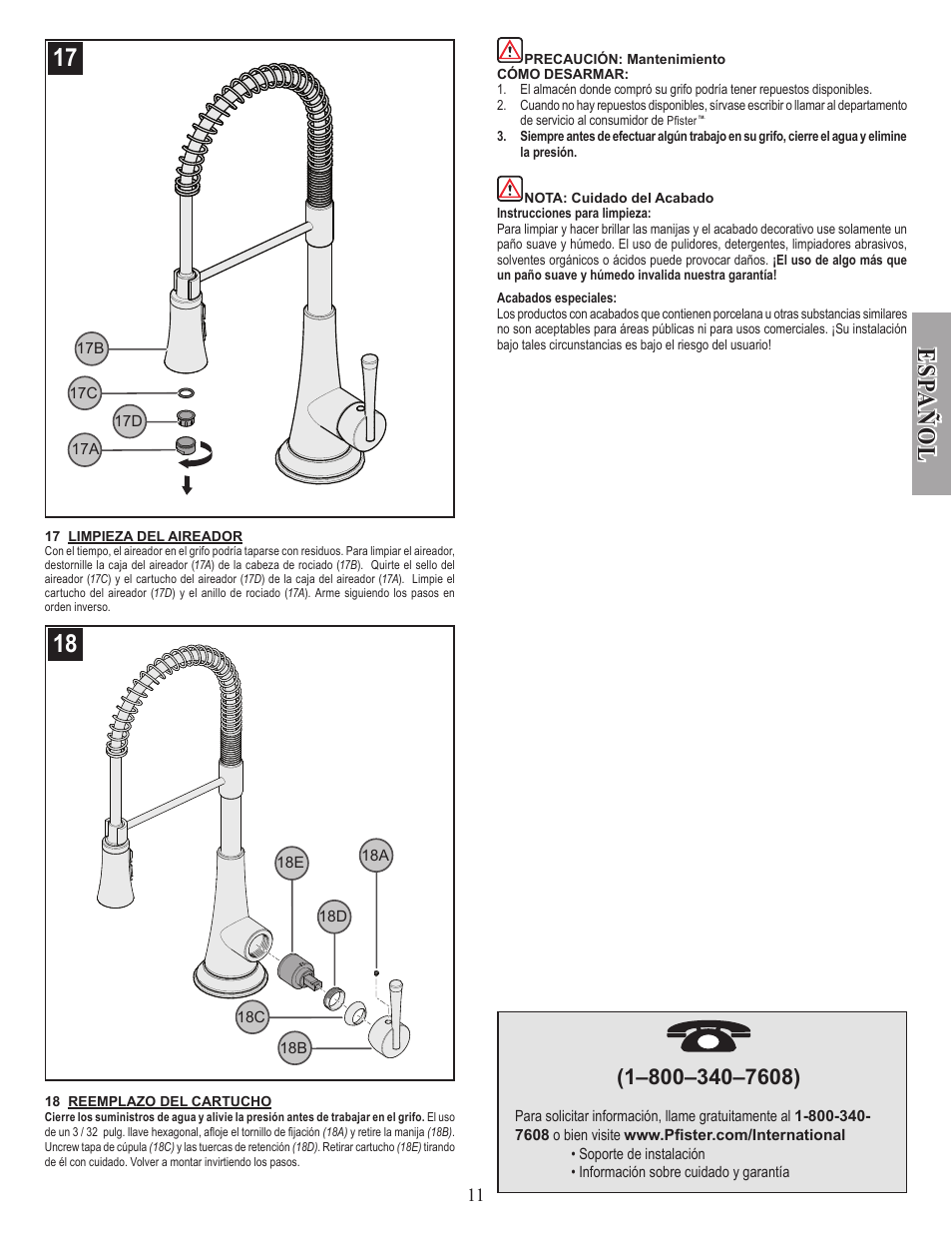 Esp a ñ ol | Pfister GT529-MCS User Manual | Page 11 / 17