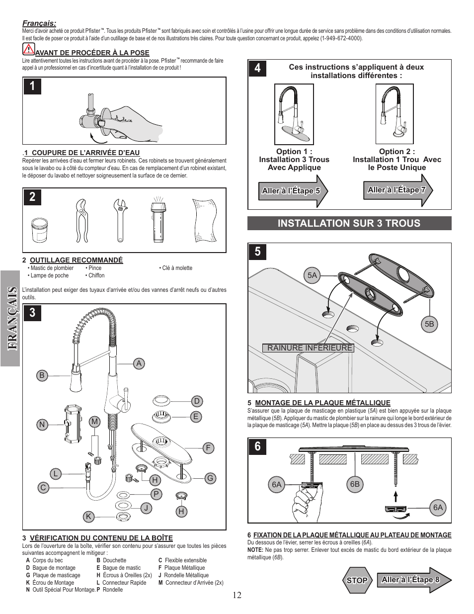 Fran ç ais, Installation sur 3 trous | Pfister GT529-MCS User Manual | Page 12 / 17