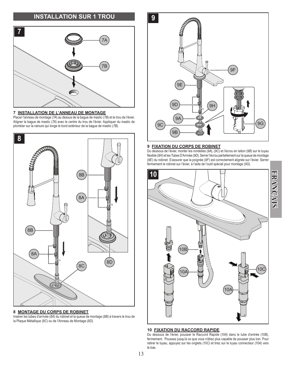 Fran ç ais, Installation sur 1 trou | Pfister GT529-MCS User Manual | Page 13 / 17