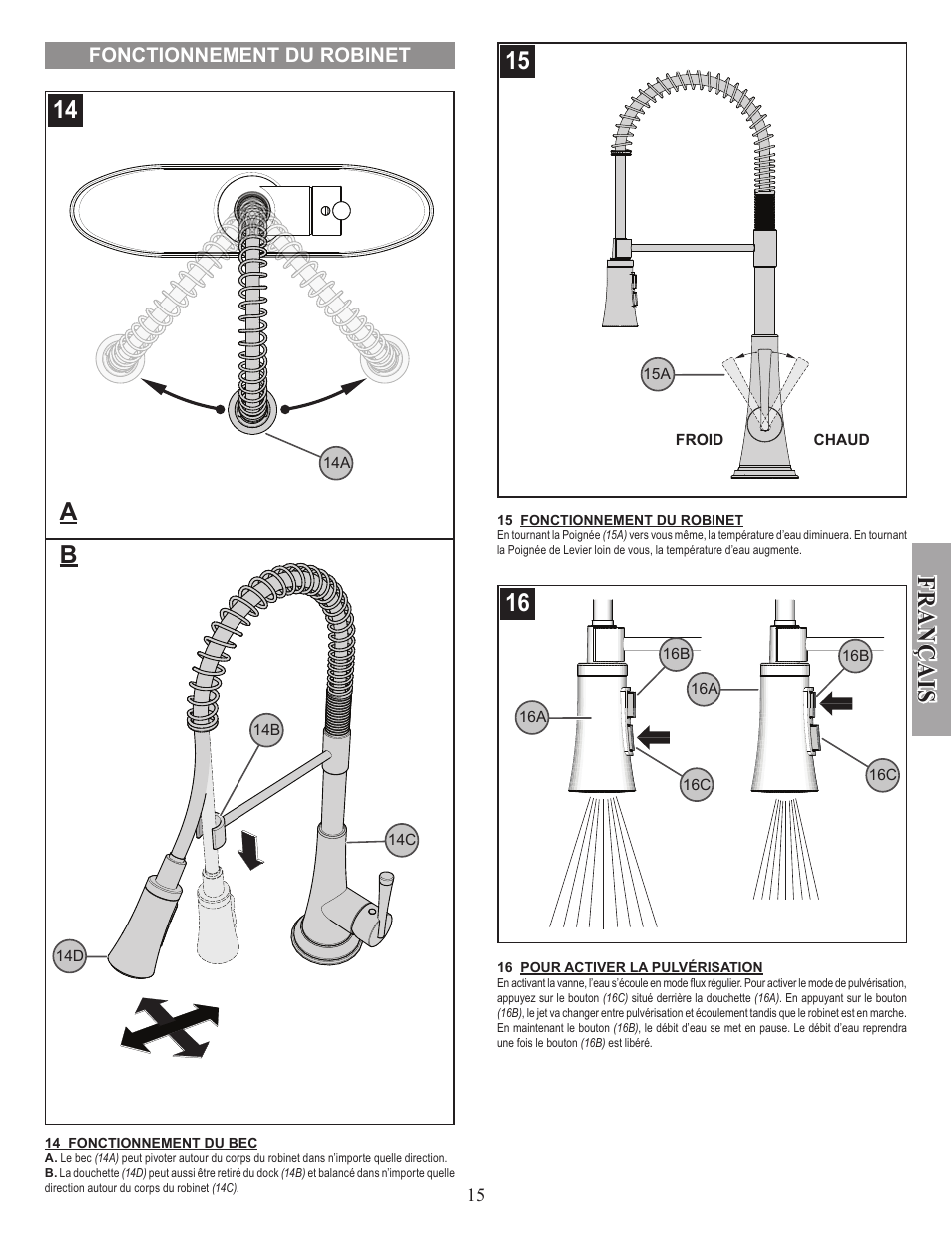 Fran ç ais, Fonctionnement du robinet | Pfister GT529-MCS User Manual | Page 15 / 17