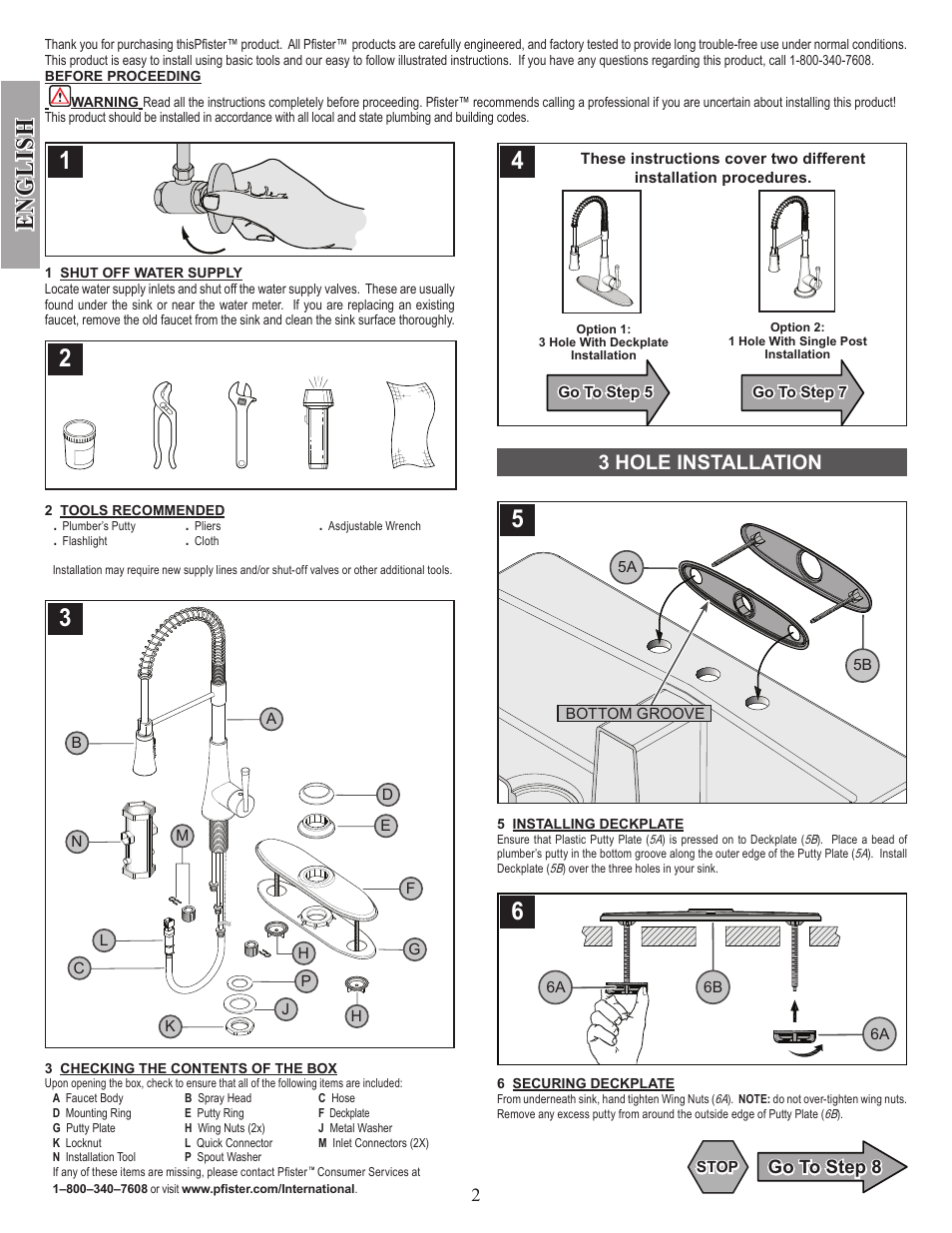 English, 3 hole installation | Pfister GT529-MCS User Manual | Page 2 / 17