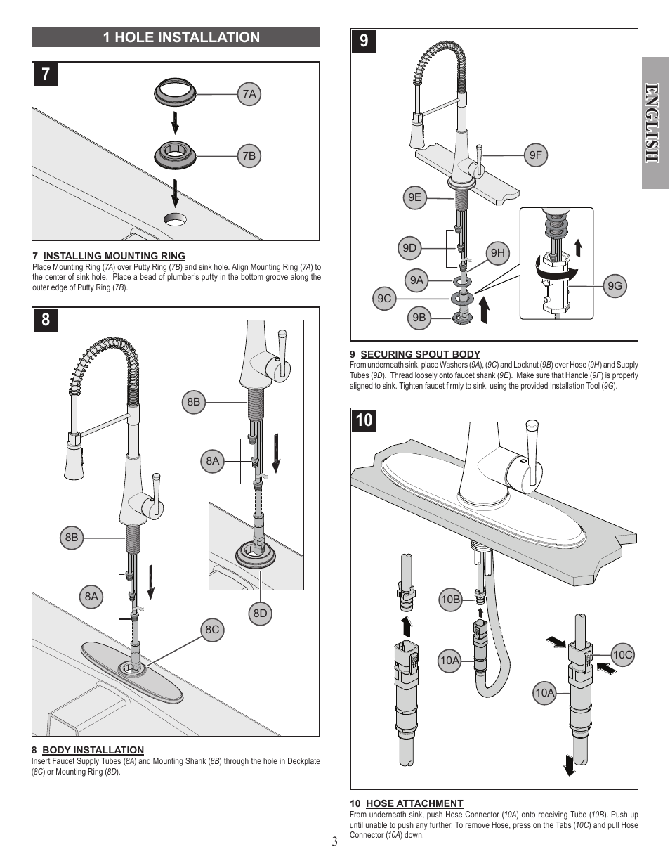 English, 1 hole installation | Pfister GT529-MCS User Manual | Page 3 / 17